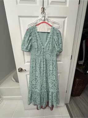 Mint Lace Midi Dress with Scalloped V-Neck
